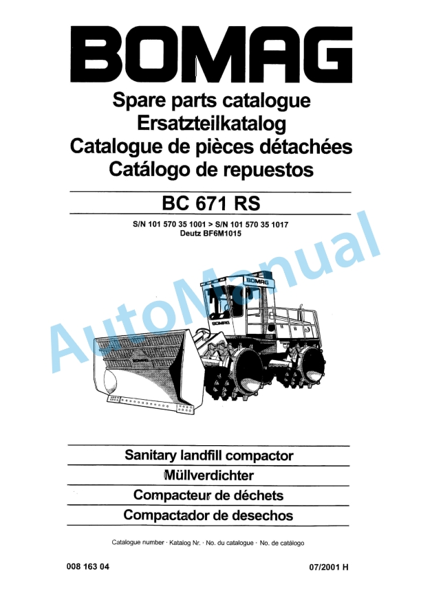 Bomag BC 671 RS Sanitary Landfill Compactor Spare Parts Catalogue 00816304
