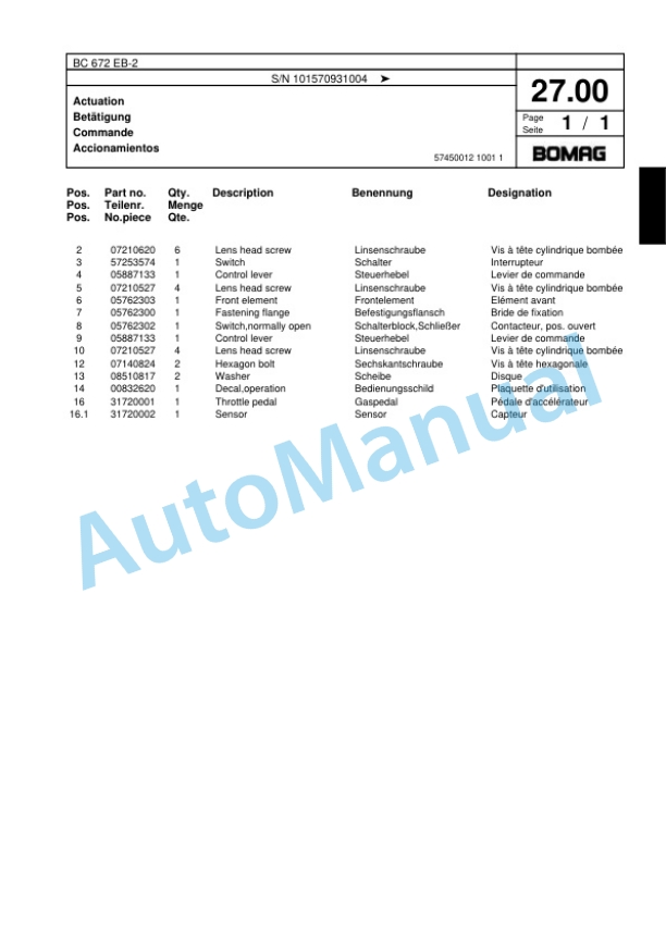 Bomag BC 672 EB-2 Soil Compacter Spare Parts Catalogue 00818189-2