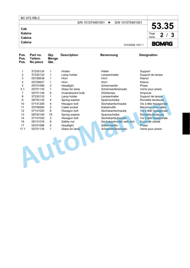 Bomag BC 672 RB-2 Sanitary Landfill Compactor Spare Parts Catalogue 00818887-2