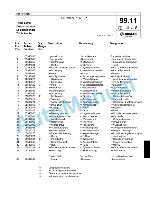 Bomag BC 672 RB-2 Sanitary Landfill Compactor Spare Parts Catalogue 00824259-3