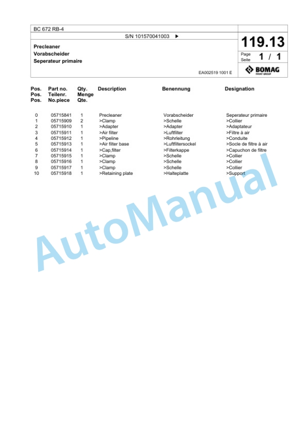 Bomag BC 672 RB-4 Sanitary Landfill Compactor Spare Parts Catalogue 00824531-5