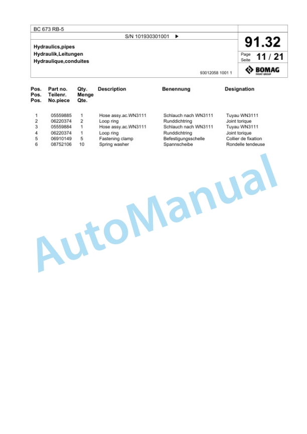 Bomag BC 673 RB-5 Sanitary Landfill Compactor Spare Parts Catalogue 00826253-3