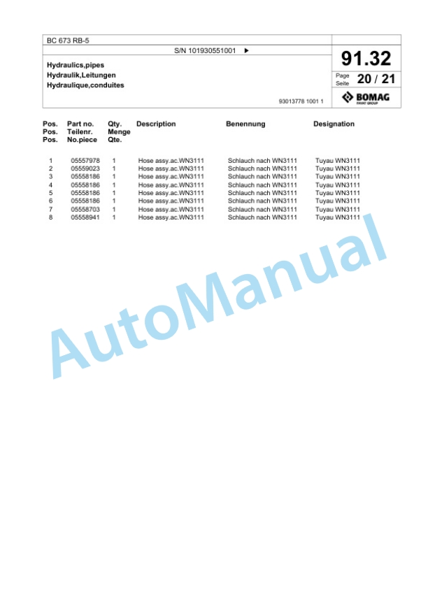 Bomag BC 673 RB-5 Sanitary Landfill Compactor Spare Parts Catalogue 00826867-4