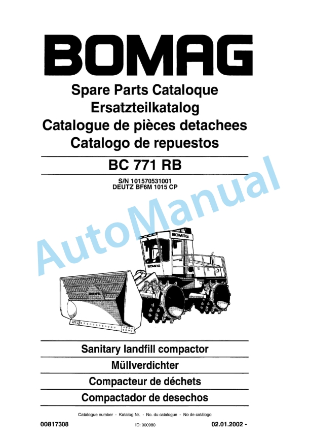 Bomag BC 771 RB Sanitary Landfill Compactor Spare Parts Catalogue 00817308