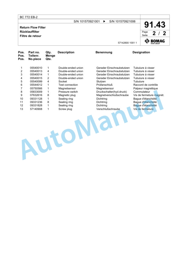 Bomag BC 772 EB-2 Soil Compacter Spare Parts Catalogue 00818187-3