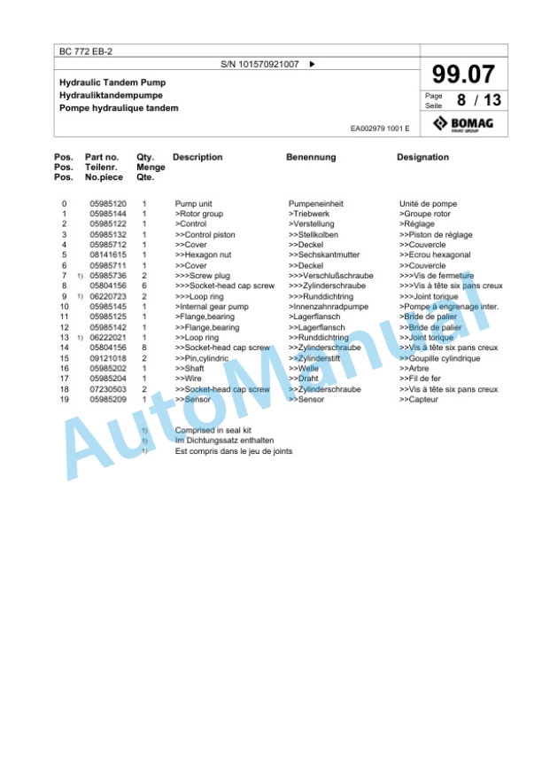 Bomag BC 772 EB-2 Soil Compacter Spare Parts Catalogue 00818187-4