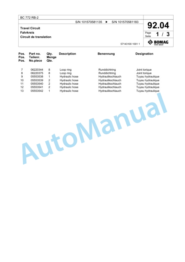 Bomag BC 772 RB-2 Sanitary Landfill Compactor Spare Parts Catalogue 00818179-3