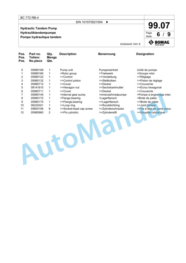 Bomag BC 772 RB-4 Sanitary Landfill Compactor Spare Parts Catalogue 00824355-3