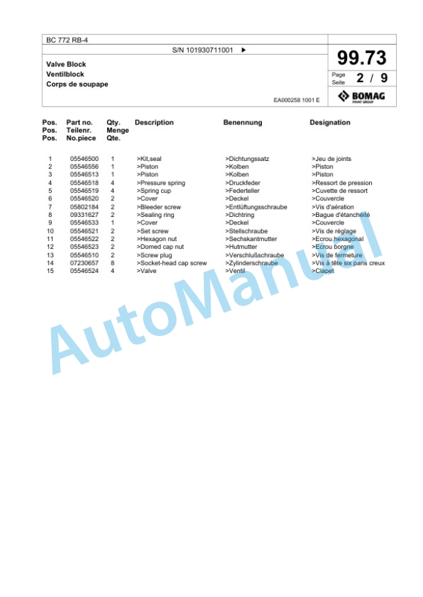 Bomag BC 772 RB-4 Sanitary Landfill Compactor Spare Parts Catalogue 00825765-4