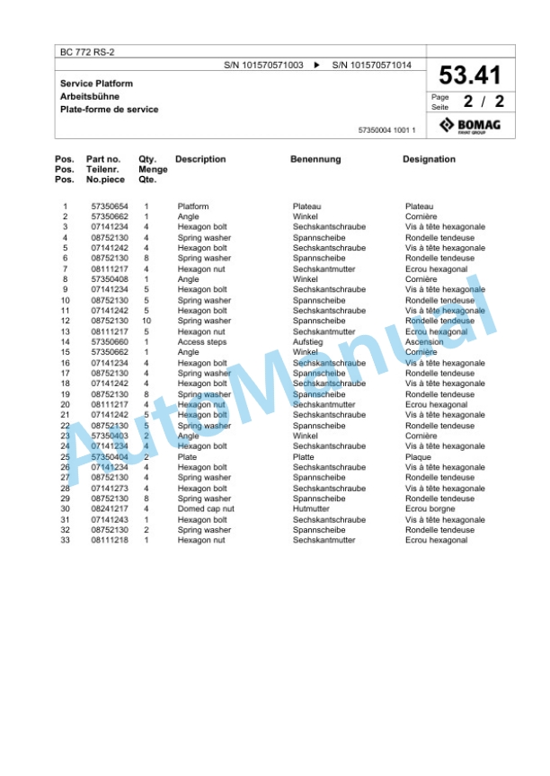 Bomag BC 772 RS-2 Sanitary Landfill Compactor Spare Parts Catalogue 00818185-2