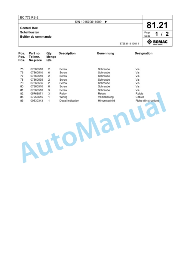 Bomag BC 772 RS-2 Sanitary Landfill Compactor Spare Parts Catalogue 00824643-3