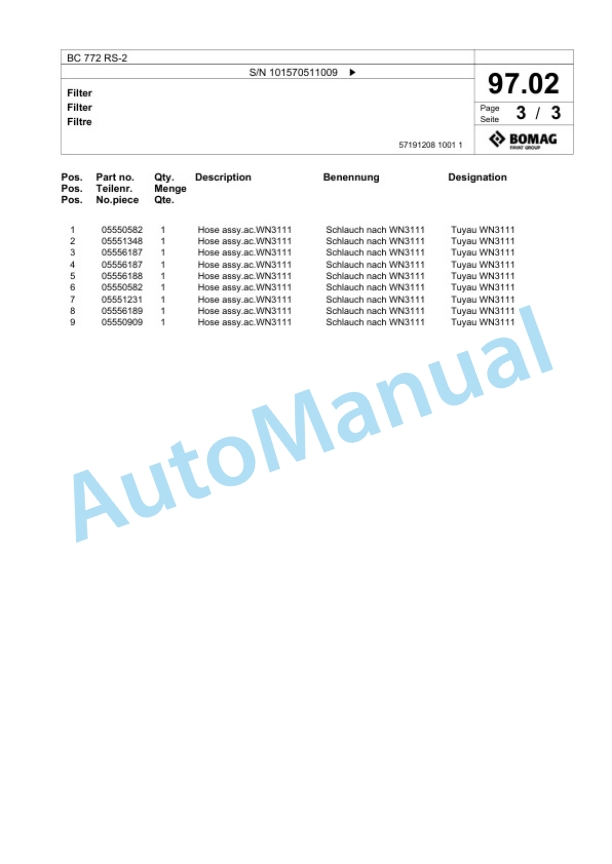 Bomag BC 772 RS-2 Sanitary Landfill Compactor Spare Parts Catalogue 00824643-4