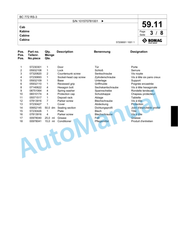Bomag BC 772 RS-3 Sanitary Landfill Compactor Spare Parts Catalogue 00824349-2