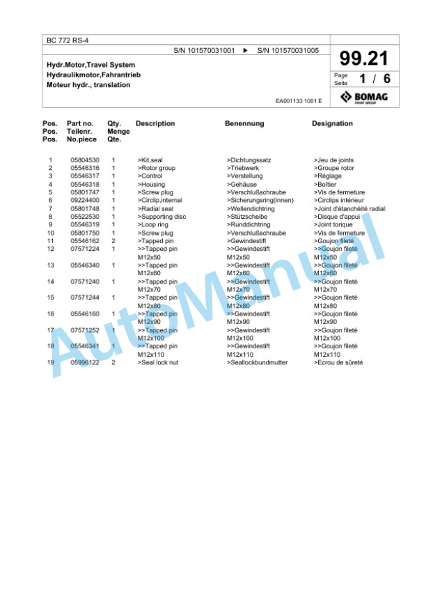 Bomag BC 772 RS-4 Sanitary Landfill Compactor Spare Parts Catalogue 00824529-5