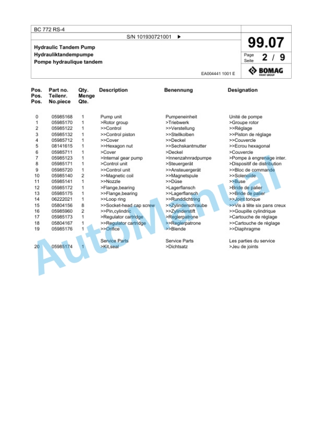 Bomag BC 772 RS-4 Sanitary Landfill Compactor Spare Parts Catalogue 00825767-4