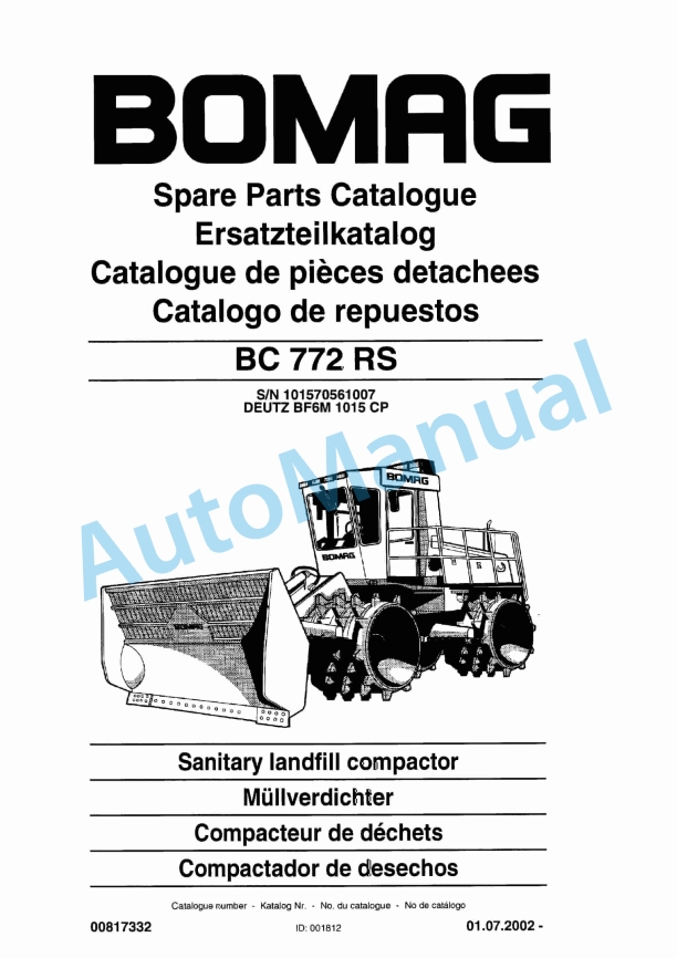 Bomag BC 772 RS Sanitary Landfill Compactor Spare Parts Catalogue 00817332