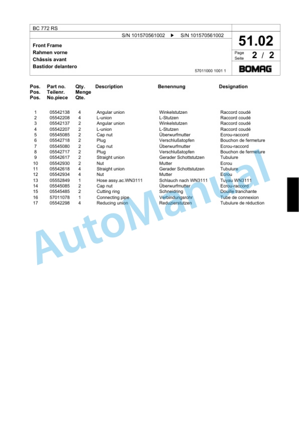 Bomag BC 772 RS Sanitary Landfill Compactor Spare Parts Catalogue 00817407-2