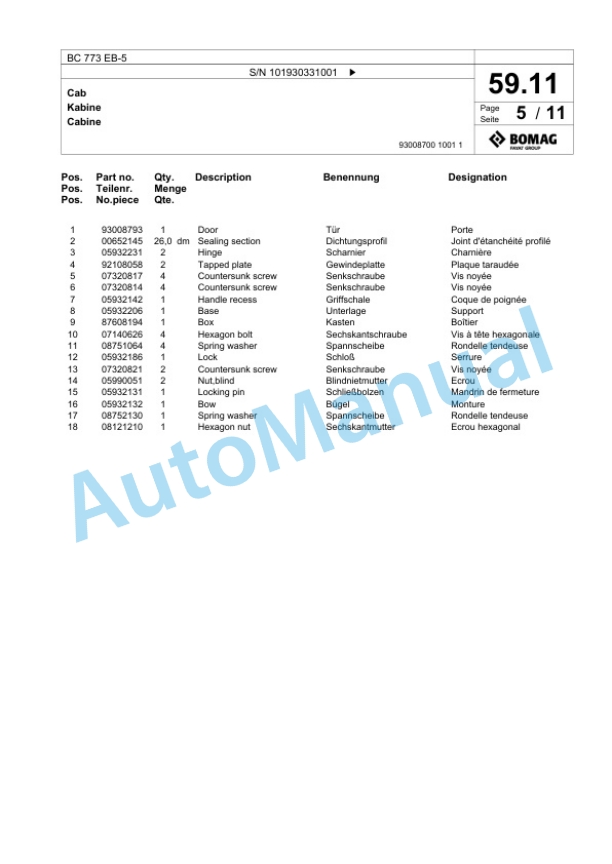 Bomag BC 773 EB-5 Sanitary Landfill Compactor Spare Parts Catalogue 00826259-2