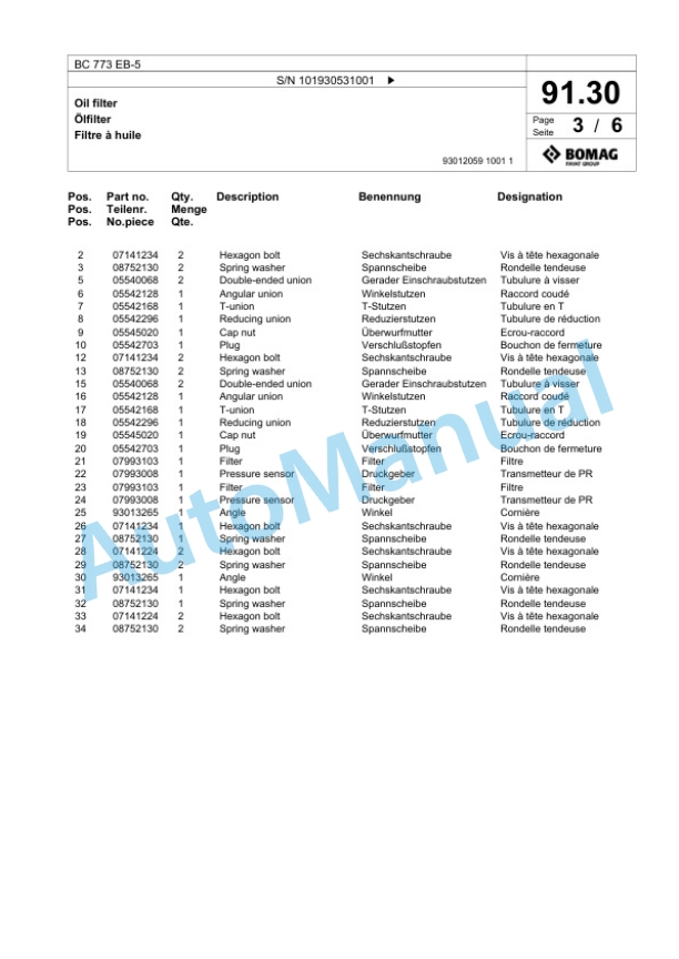 Bomag BC 773 EB-5 Sanitary Landfill Compactor Spare Parts Catalogue 00826865-3
