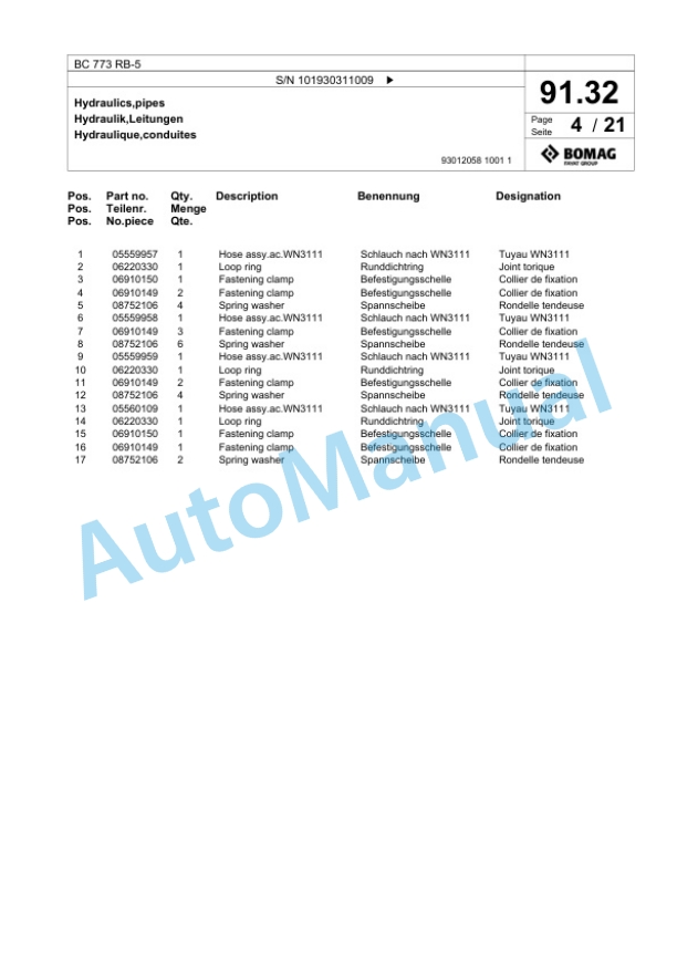 Bomag BC 773 RB-5 Sanitary Landfill Compactor Spare Parts Catalogue 00826255-3