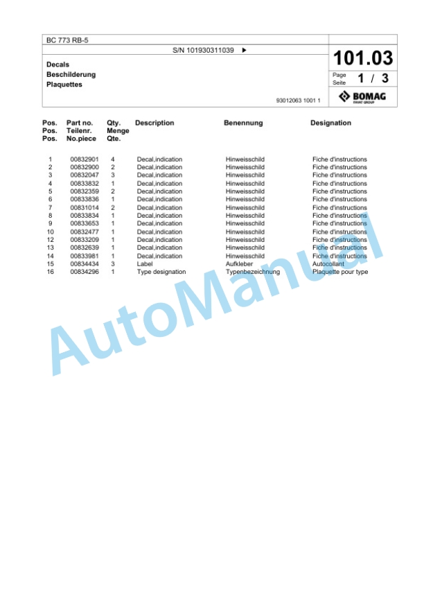 Bomag BC 773 RB-5 Sanitary Landfill Compactor Spare Parts Catalogue 00826255-5