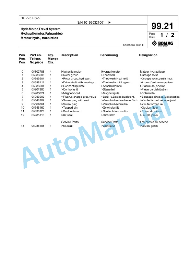 Bomag BC 773 RS-5 Sanitary Landfill Compactor Spare Parts Catalogue 00826257-5