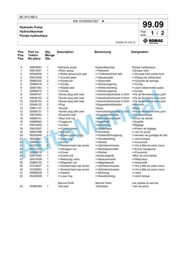 Bomag BC 873 RB-5 Sanitary Landfill Compactor Spare Parts Catalogue 00826033-5