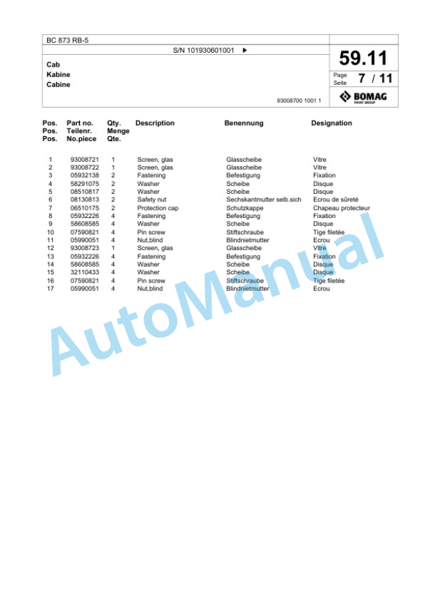 Bomag BC 873 RB-5 Sanitary Landfill Compactor Spare Parts Catalogue 00826465-2