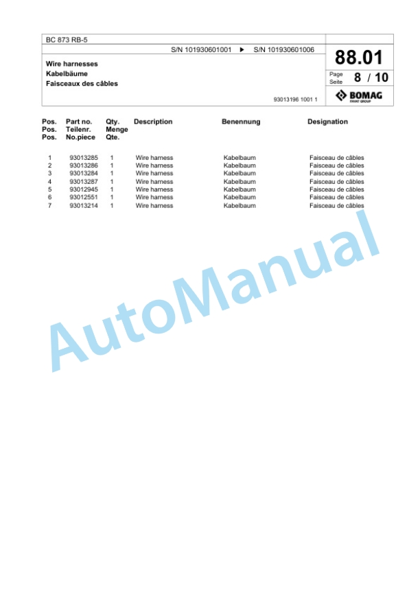 Bomag BC 873 RB-5 Sanitary Landfill Compactor Spare Parts Catalogue 00826465-3
