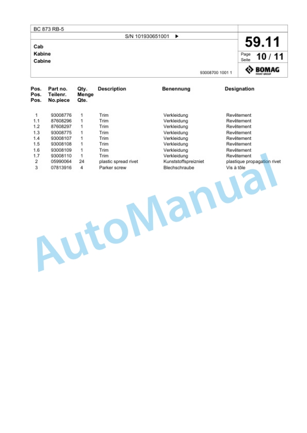 Bomag BC 873 RB-5 Sanitary Landfill Compactor Spare Parts Catalogue 00826655-2
