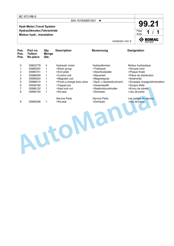 Bomag BC 873 RB-5 Sanitary Landfill Compactor Spare Parts Catalogue 00826655-5