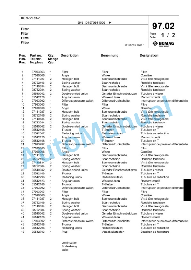 Bomag BC 972 RB-2 Sanitary Landfill Compactor Spare Parts Catalogue 00818701-3