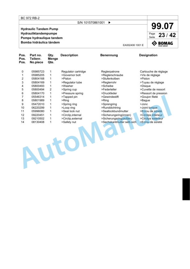 Bomag BC 972 RB-2 Sanitary Landfill Compactor Spare Parts Catalogue 00818889-4