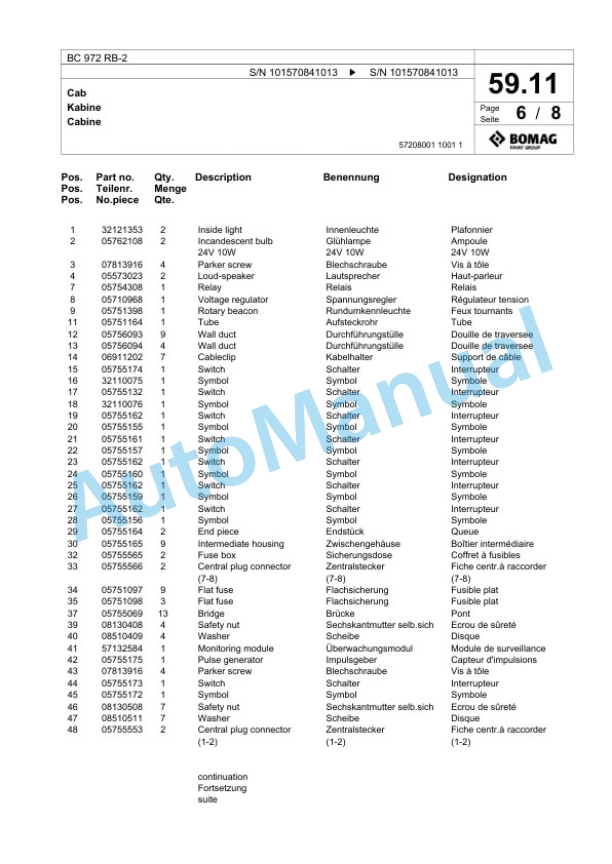 Bomag BC 972 RB-2 Sanitary Landfill Compactor Spare Parts Catalogue 00824623-2
