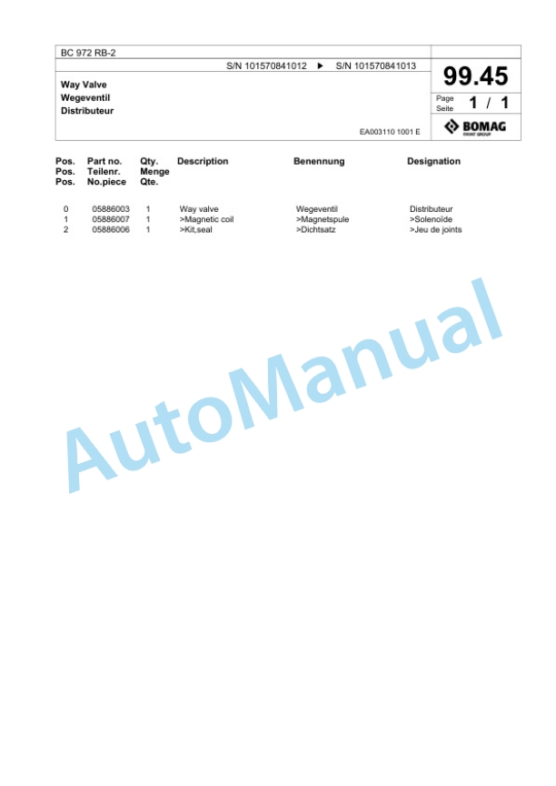 Bomag BC 972 RB-2 Sanitary Landfill Compactor Spare Parts Catalogue 00824623-5