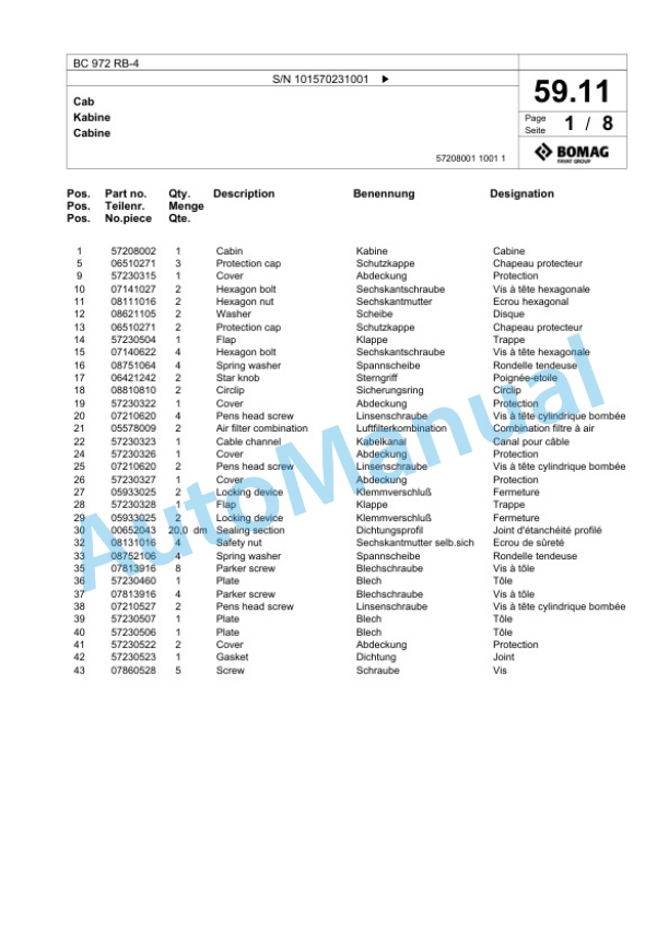 Bomag BC 972 RB-4 Sanitary Landfill Compactor Spare Parts Catalogue 00825119-2