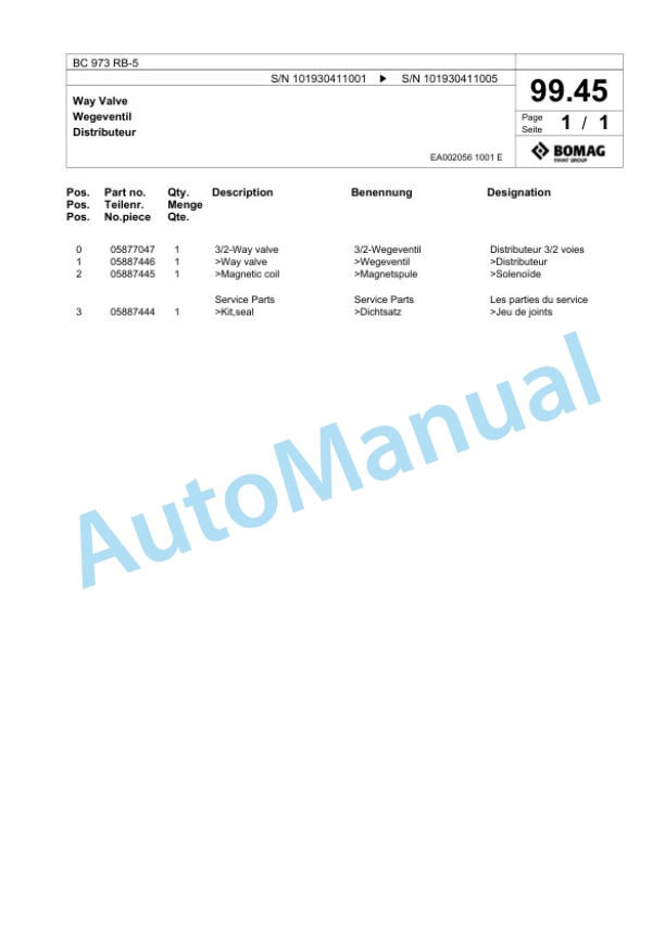 Bomag BC 973 RB-5 Sanitary Landfill Compactor Spare Parts Catalogue 00826035-5
