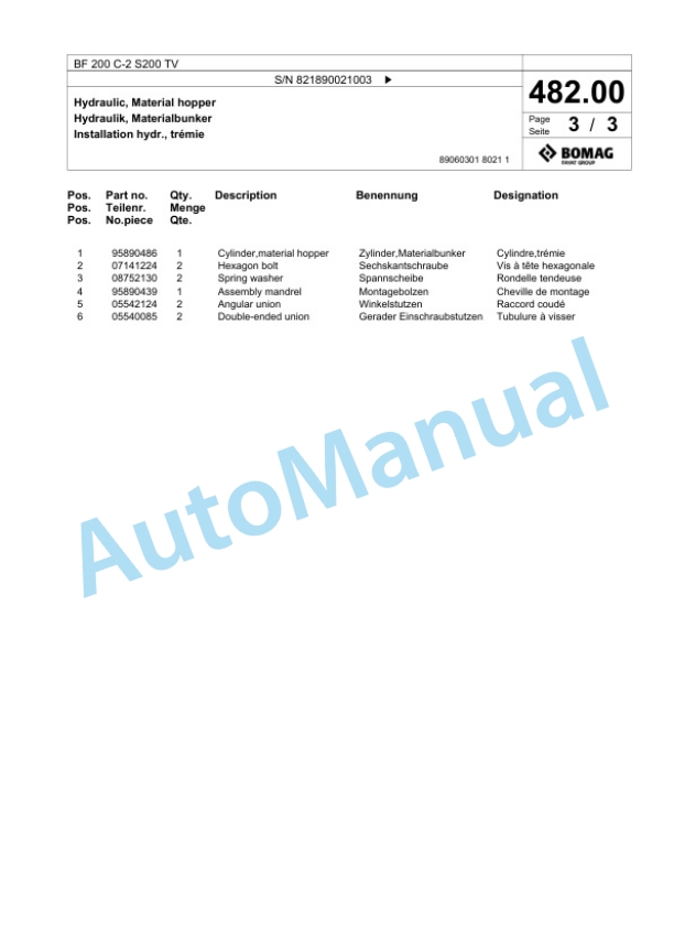 Bomag BF 200 C-2 S200 TV Paver Spare Parts Catalogue 00825333-2