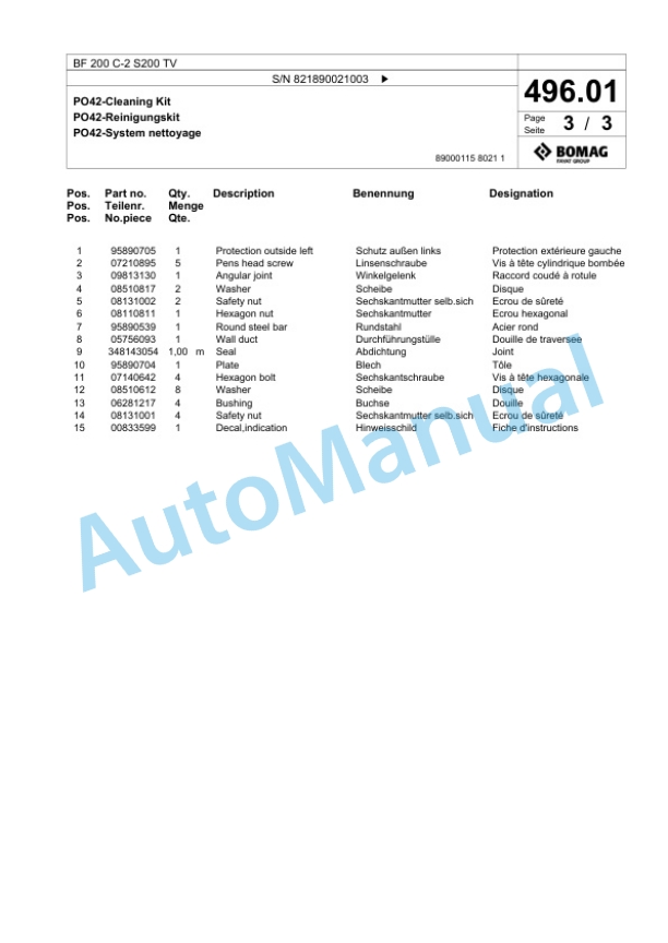 Bomag BF 200 C-2 S200 TV Paver Spare Parts Catalogue 00825333-4