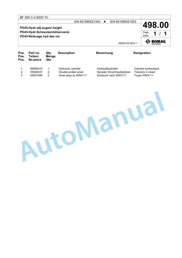 Bomag BF 200 C-2 S200 TV Paver Spare Parts Catalogue 00825333-5