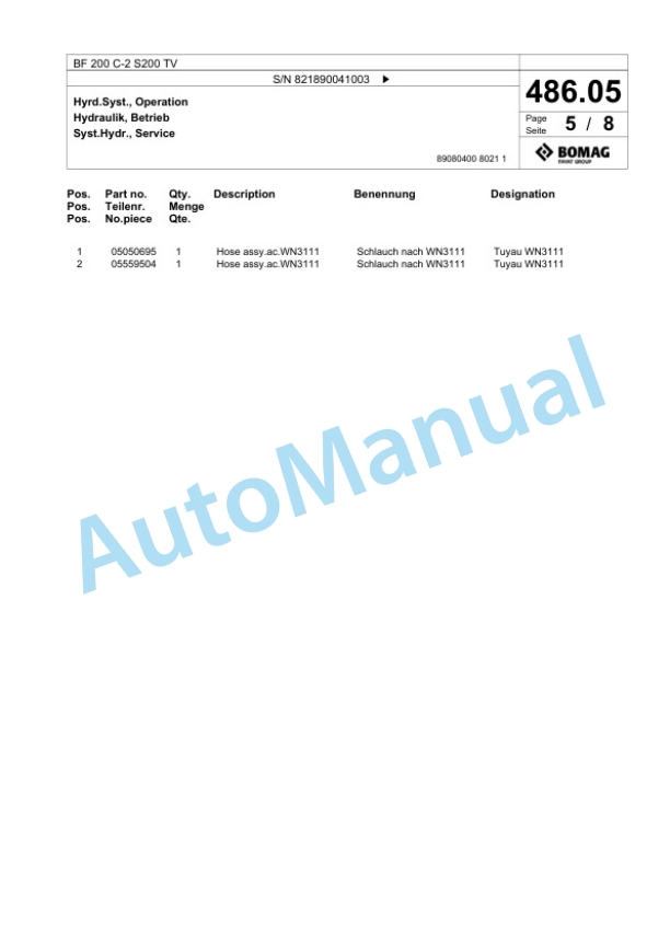 Bomag BF 200 C-2 S200 TV Paver Spare Parts Catalogue 00825337-2