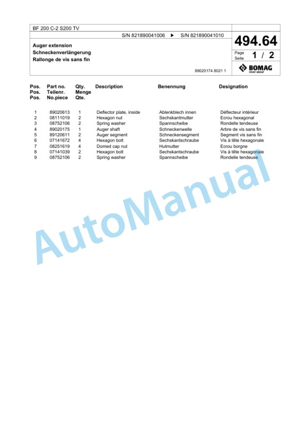 Bomag BF 200 C-2 S200 TV Paver Spare Parts Catalogue 00825337-3