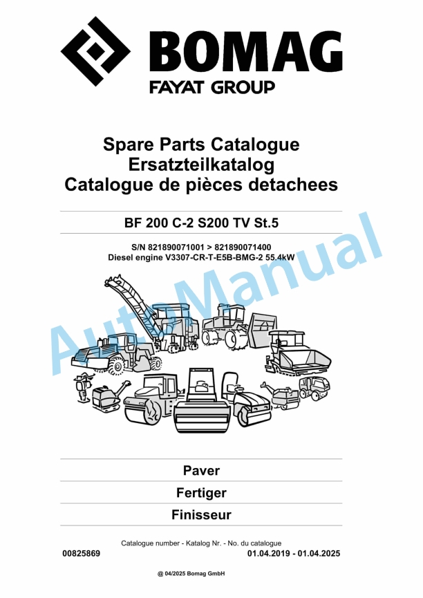 Bomag BF 200 C-2 S200 TV St5 Paver Spare Parts Catalogue 00825869