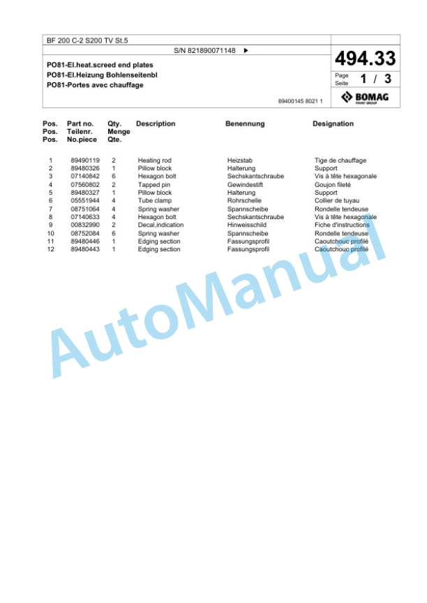 Bomag BF 200 C-2 S200 TV St5 Paver Spare Parts Catalogue 00825869-3