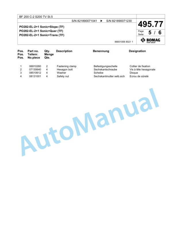 Bomag BF 200 C-2 S200 TV St5 Paver Spare Parts Catalogue 00825869-4