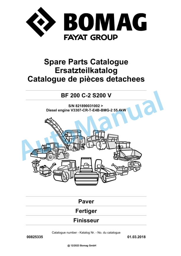 Bomag BF 200 C-2 S200 V Paver Spare Parts Catalogue 00825335