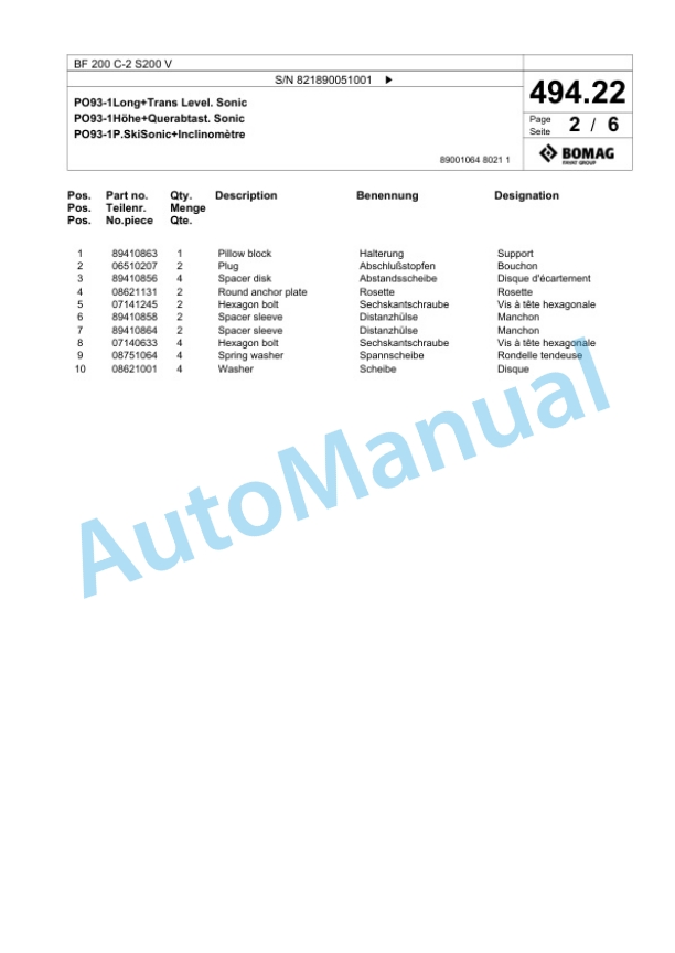 Bomag BF 200 C-2 S200 V Paver Spare Parts Catalogue 00825339-2