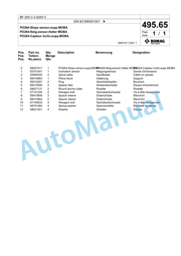 Bomag BF 200 C-2 S200 V Paver Spare Parts Catalogue 00825339-3