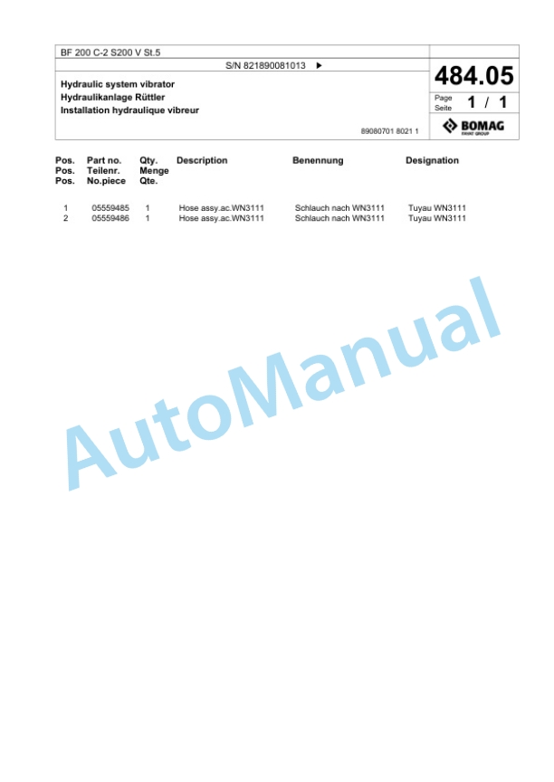 Bomag BF 200 C-2 S200 V St5 Paver Spare Parts Catalogue 00825871-2