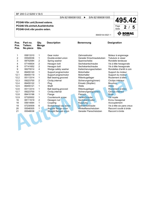 Bomag BF 200 C-2 S200 V St5 Paver Spare Parts Catalogue 00825871-3